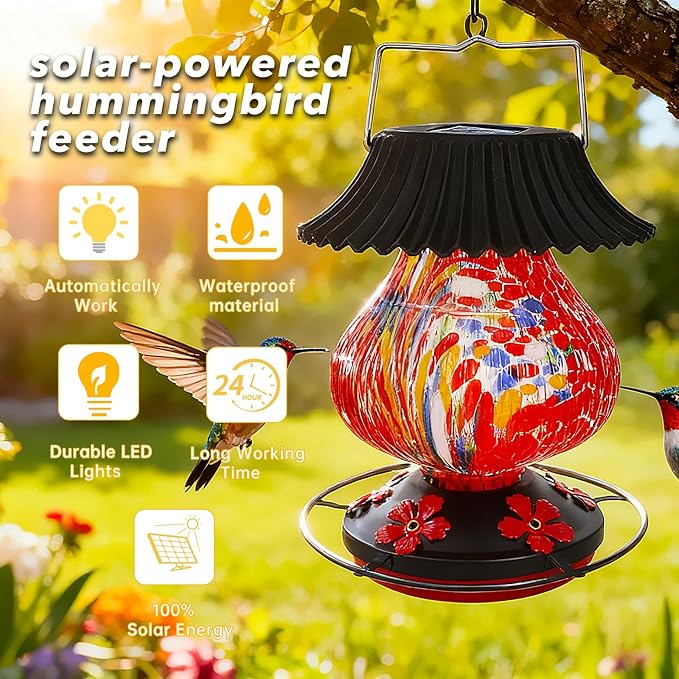 Solar Glass Hummingbird Feeder for Outdoors- 26 fl.oz Best Solar Hummingbird Feeders- 5 Feeding Ports with Perch - Wasp Leak Proof- Perfect Hand Blown Glass Color Changing for Outdoors Hanging (Red)