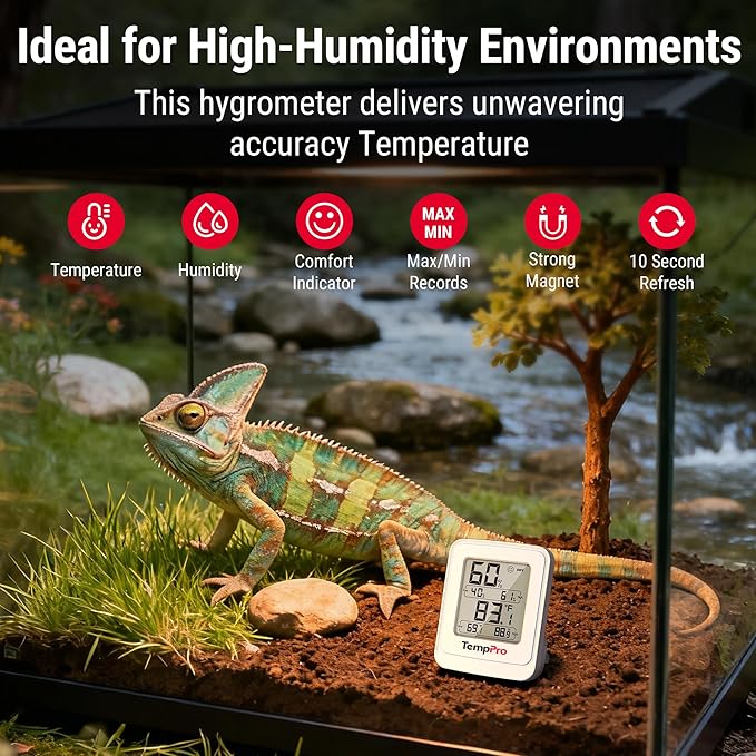 TempPro TP150 Greenhouse Thermometer Hygrometer, IPX5 High-Humidity Resistant Temperature and Humidity Monitor, High/Low Records Humidity Meter for Indoor Grow Tents, Reptile(Previously ThermoPro)