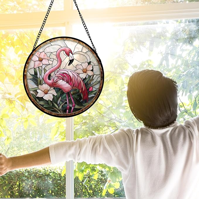 DASTOLL Stained Glass Window Hanging, Flamingo Flower Sun Catchers Diamond Glass Panel Hangings Pink Suncatcher Decor for Birthday for Women, Men, Wife, Aunt, and Mom 9.8 in