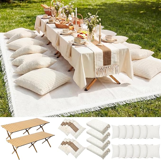 Novabright 20 Pcs Boho Picnic Kit Folding Picnic Table 59'' x 20.5'' Extra Large Outdoor Boho Blanket 91'' x 71'' Beige White Table Runner 12 Pillow Cover Woven Cotton Oversize Washable for Wedding