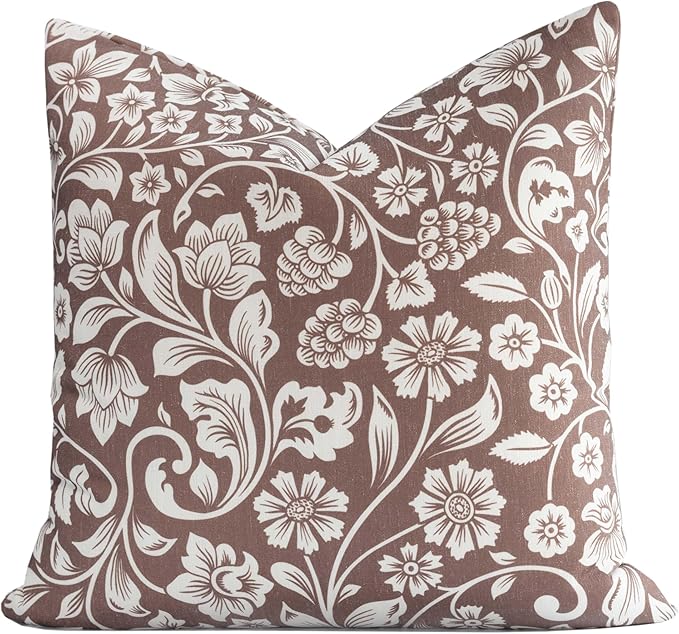 Crumbs Home Modern Farmhouse Fall Linen Indoor Outdoor Throw Pillow Cover Only, 22"x22" Water Repellent for Patio, Backyard, Couch, Cocoa Brown Neutral Floral