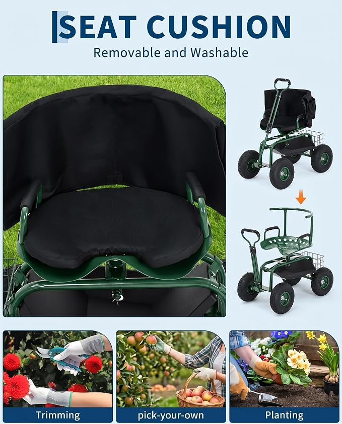 Rolling Garden Work Seat with Wheels, 360° Swivel Seat Gardening Cart with Extendable Steering Handle, Tool Tray and Storage Basket, 300 lbs Capacity, Gardening Stools for Patio, Yard, and Outdoors