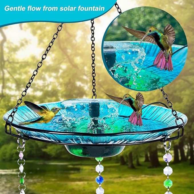 HEADAK LIFE Hummingbird Feeder and Bird Bath for Outdoors 2-in-1 for Small Birds - Hummingbird Bath Fountain with 3 Red Feeder Pots - Hanging Solar Bird Bath Fountains NY1-FN04