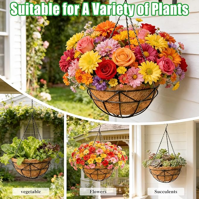 4 Pack 14 Inch Heavy Duty Hanging Basket Outdoor Metal Hanging Planters with Coco Coir Liners Black Hanging Flower Baskets for Outdoor Plants Patio Porch Balcony Garden（Geometric）
