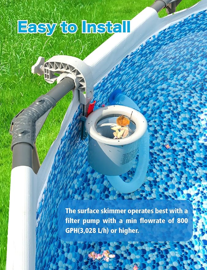 Above Ground Pool Skimmer with 5 Skimmer Socks, Wall Mount Surface Skimmer with Hose & Basket, Compatible with Intex Pools, Adjustable Floating Filter, Automatically Removes Leaves & Debris