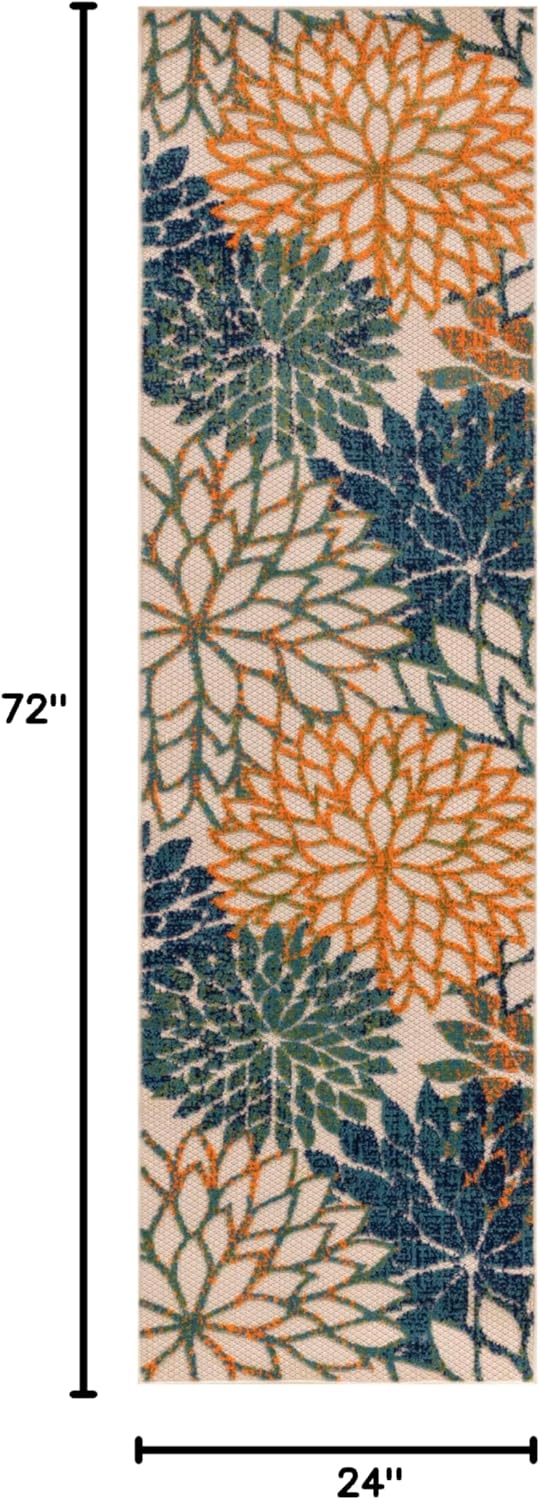 Nourison Home Aloha Indoor/Outdoor Blue Green 2' x 6' Area Rug, Easy Cleaning, Non Shedding, Bed Room, Living Room, Dining Room, Backyard, Deck, Patio (2x6)