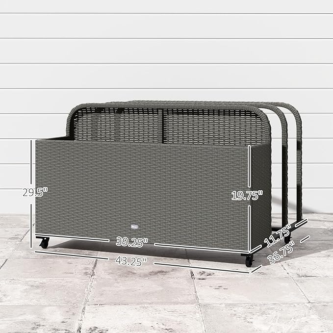 Outsunny Wicker Patio Pool Float Storage Basket, PE Rattan Outdoor Pool Caddy with Rolling Wheels for Floaties, Noodles, Life Vests, Beach Balls, Patio Furniture, Mixed Gray
