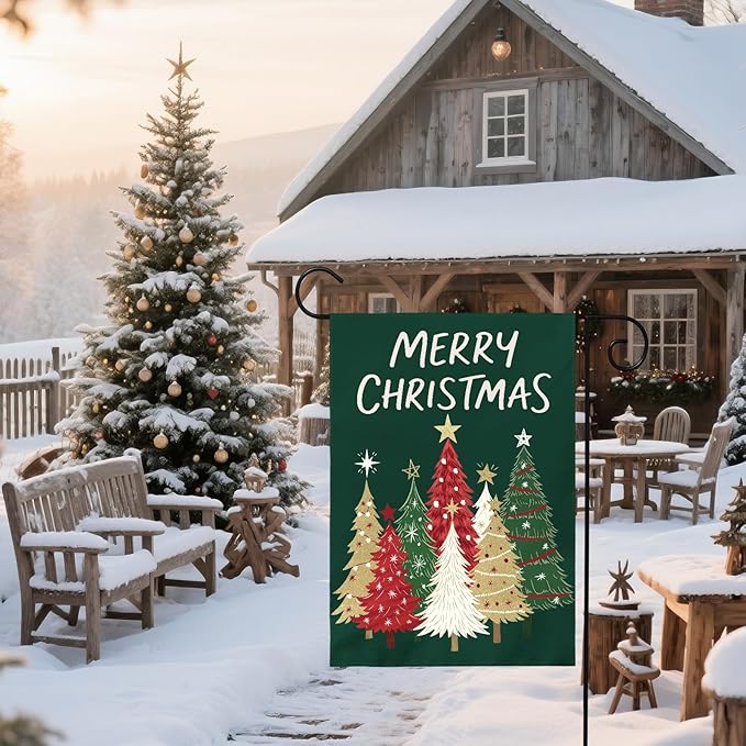 Merry Christmas Garden Flag 12x18 Inch Forest Green Xmas Tree Holiday Winter Decorative Yard Flags for Outside Double Sided Seasonal Outdoor Home Farmhouse Decoration Porch New Year Decor
