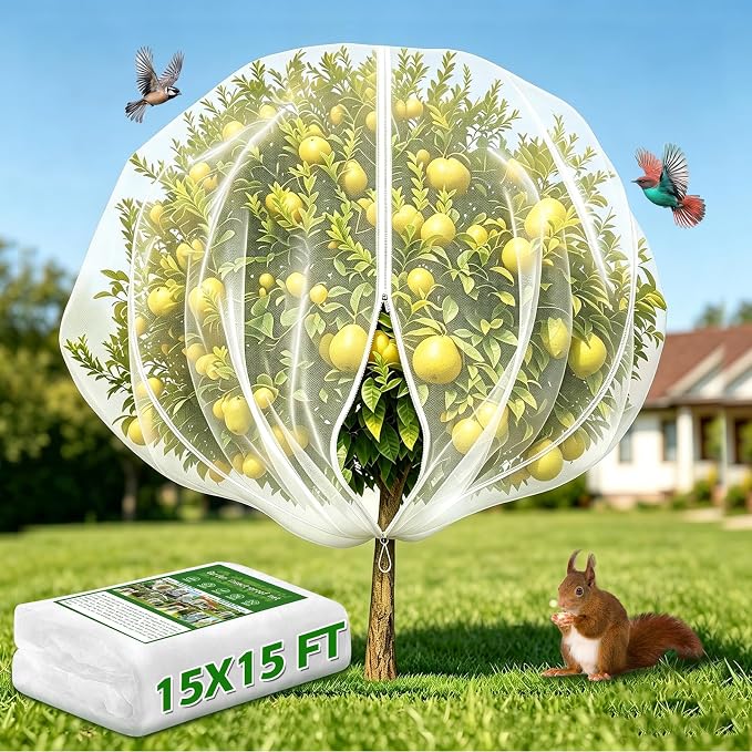 15×15FT Extra Large Fruit Tree Netting with Double Zipper and Drawstring, Durable Mesh Cover for Birds Squirrels Deer & Cicadas, Reusable Plant Protection Net for Garden Bushes