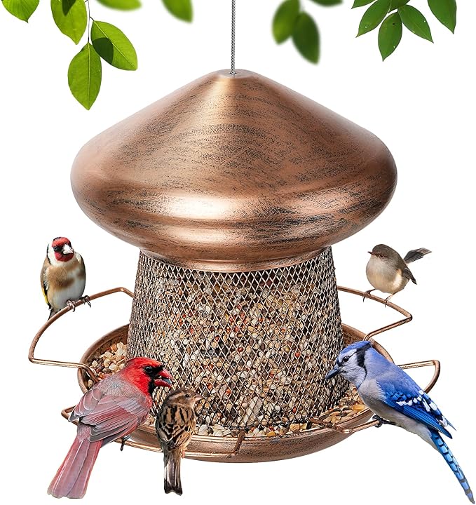 Bird Feeder, Heavy Duty Metal Bird Feeders for Outdoor Hanging, Cute Mushroom Shape Wild Birdfeeder for Outside Garden Yard (Brown)