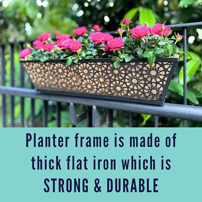 LaLaGreen Window Boxes Planters for Outdoor Plants (24 Inch, 2 Pack) Large Fence Hanging Planter Metal Deck Railing Flower Box with Coco Liner, Trendy Horse Troughs Balcony Pots Patio Porch Over Rail