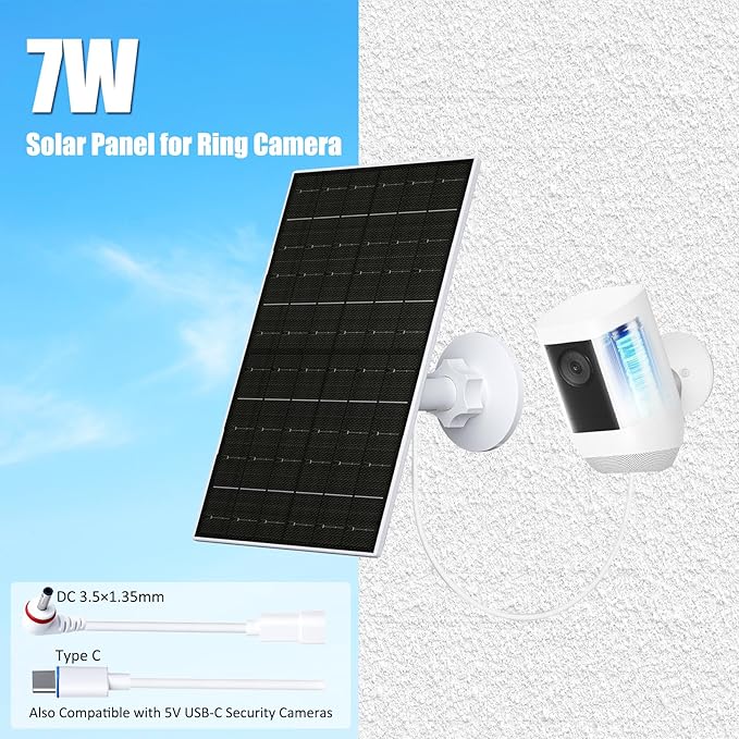 Solar Panel for Ring Camera, Compatible with Ring Stick Up Cam (2nd/3rd Gen) & Pro, Spotlight Cam Plus/Pro (Battery), 7W Solar Charger with USB-C to 3.5mm Adapter, 8.8ft Cable & 360° Mount