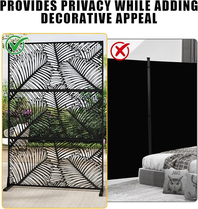 72" h × 47" w Outdoor Privacy Screen, Laser Cut Metal Garden Divider Panel with Tropical Leaf Design, Freestanding Weatherproof Privacy Fence for Patio Deck Backyard Balcony