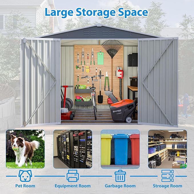 KEIKI Storage Shed 8x6 FT, Large Metal Tool Shed for Outdoor Storage, Galvanized Steel Garden Shed with Lockable Doors for Patio, Backyard, Lawn, Grey