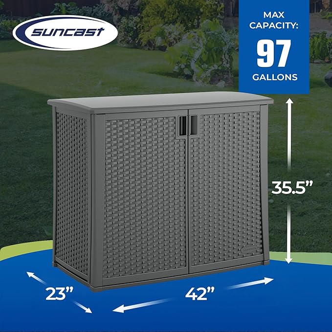 Suncast 42" W x 23" D x 35.5" H Outdoor Storage Cabinet and 33 Gallon Resin Trash Can Bundle, Cool Gray