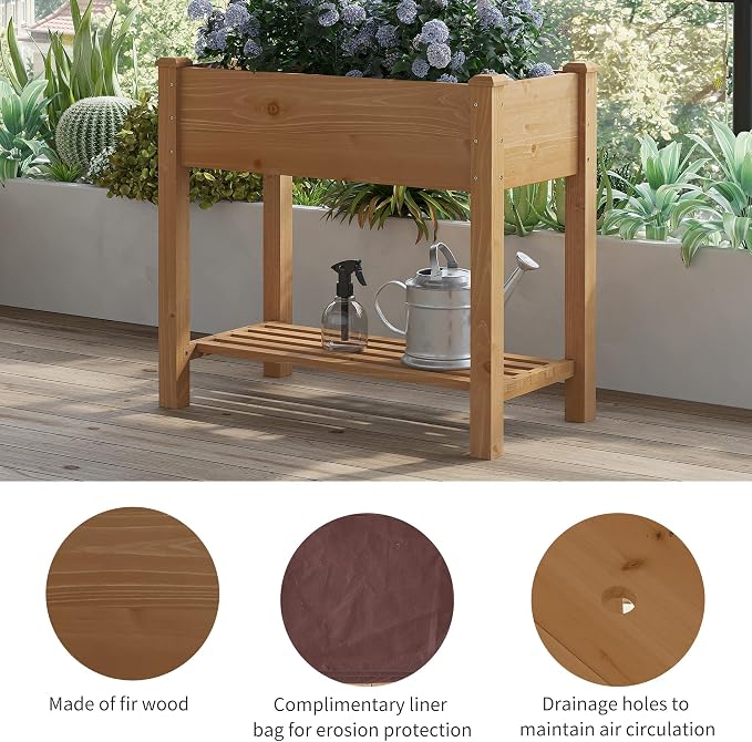 Raised Garden Bed with Legs Elevated Wooden Planter Box Stand Large Planter Stand Box for Fruits Vegetables Flowers with Divider with Bag - 34x18x30.5IN（Brown）