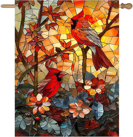 Stained Glass Cardinal Red Birds Garden Flag Spring Summer Yard Flag Fall Floral Decorative Yard Flags for Outside 28x40 Double Sided Large Seasonal Lawn Flags Rustic Outdoor Decor
