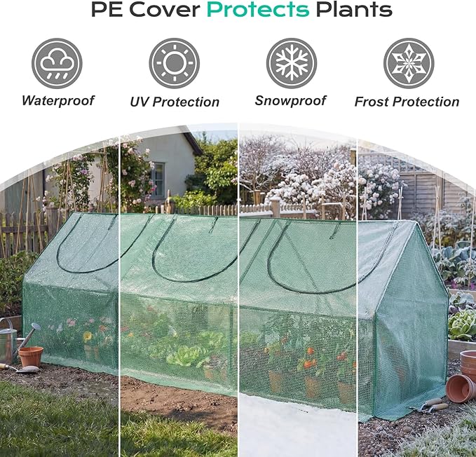 BPS 9x3x3 ft Mini Greenhouse with Green PE Cover UV-Protected Roll-Up Zipper Doors, Ideal for Indoor or Outdoor Use on Raised Garden Beds