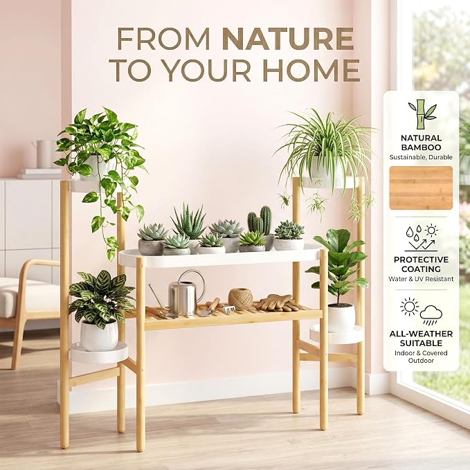 APRTAT Bamboo Plant Stand Indoor, 4 Tier Tall Plant Storage Stand Table Top for Multiple Plants, Window Plant Shelf Table Plant Rack for Balcony Garden Living Room Indoor Outdoor Home (4-Tier-12 Pot)
