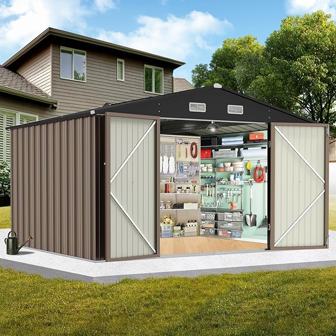 12X10FT Metal Outdoor Storage Shed, Galvanized Steel Garden Tool Shed with with Lockable Door & Vents,Waterproof All-Weather Utility Tool Shed for Lawn Mower, Bike