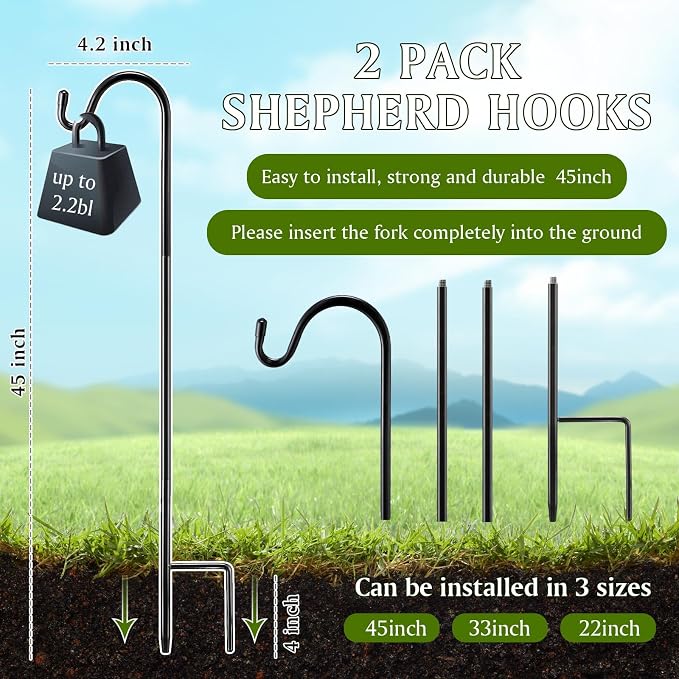 2 Pcs 45 Inch Shepherds Hook for Outdoor Adjustable Bird Feeder Pole Metal Steel Shepard Hooks for Hummingbird Stand Feeder Pole for Garden Plant, Lantern, Hanging Wedding Decor