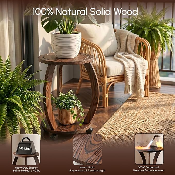 2 Tier Wooden Plant Stand Indoor with Wheels – Tall Plant Stand for 6-12 Inch Pots, Mid-Century Modern Rustic Plant Table Indoor, Pedestal Stand for Corner, Living Room, Balcony, Dark Brown