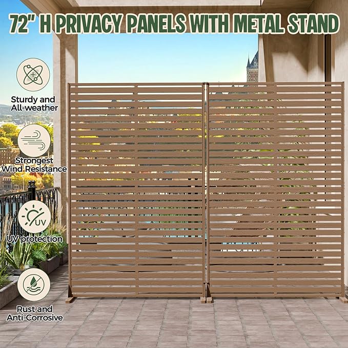 Outdoor Privacy Screen Panel 72" Freestanding Privacy Fence with Stand, HDPE Decorative Privacy Screens with Louvered 6 Panels, Weather-Resistant Panel Fence for Patio, Balcony,Pool, Brown