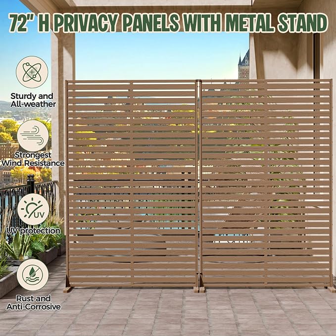Outdoor Privacy Screen Panel 72" Freestanding Privacy Fence with Stand, HDPE Decorative Privacy Screens with Louvered 6 Panels, Weather-Resistant Panel Fence for Patio,Balcony,Pool, Brown