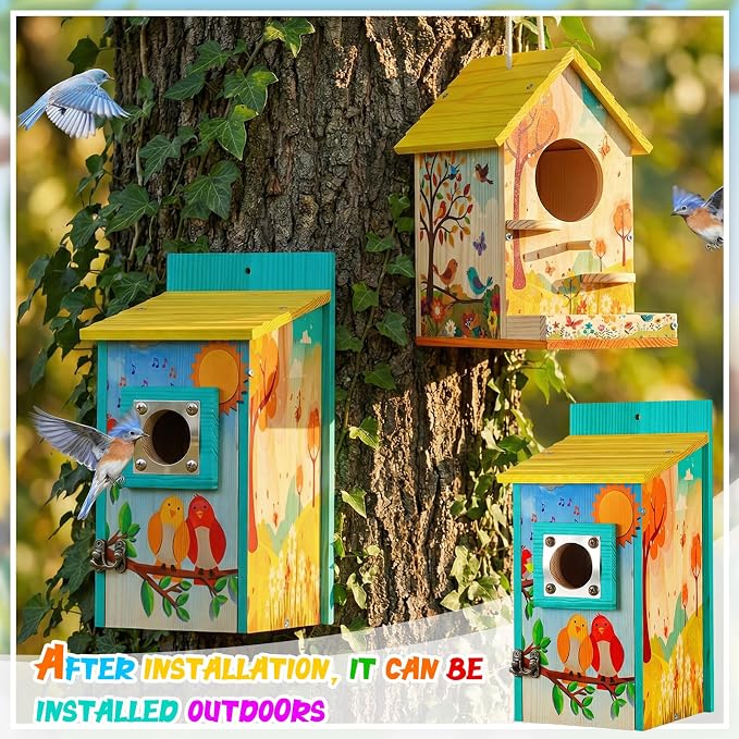 Liliful 8 Pack Birdhouse Crafts for Kids, Wooden Creative DIY Bird House Kits Arts and Crafts Set for Kids and Adults, Spring Birthday Gifts for Toddlers Ages (Playful Style)