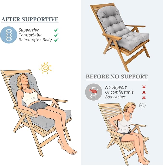 Rocking Chair Cushion Adirondack Chair Cushions with Non-Slip Ties, High Back Patio Chair Cushions,Fade-Resistant & Waterproof,Indoor/Outdoor Rocking Chair Pad for Living Room, Deck,Light Gray