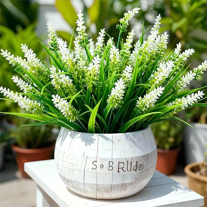 Geegoods Artificial Plants Flowers Outdoor – 48 Bundles UV Resistant Faux Lavender Flowers with Monkey Grass for Garden Porch Window Patio Hanging Planter Decor