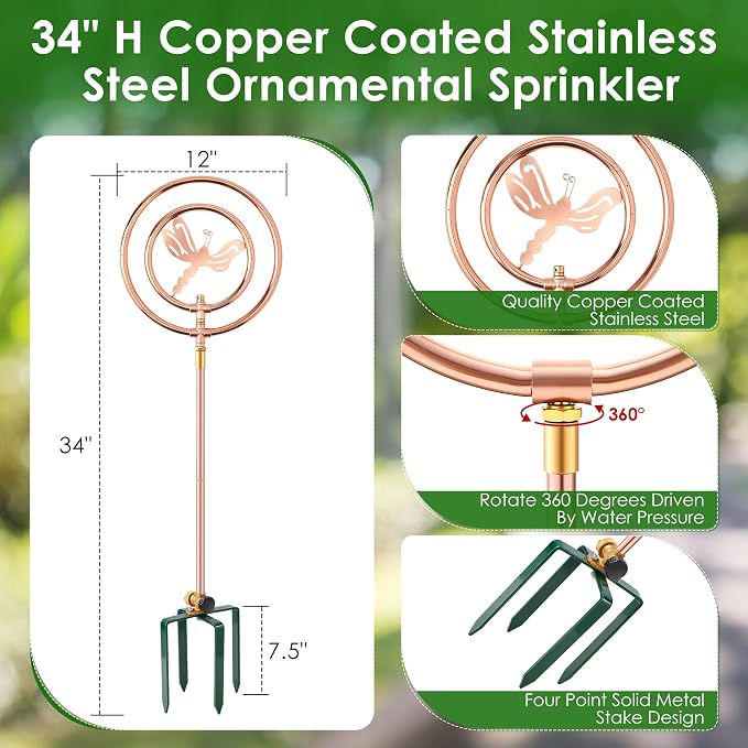 34" H Copper Coated Stainless Steel Ornamental Sprinkler, Corrosion Resistant Garden Rotating Sprinkler 360 Degree Shape Decorative for Lawn Garden Landscape(Double Ring Butterfly)
