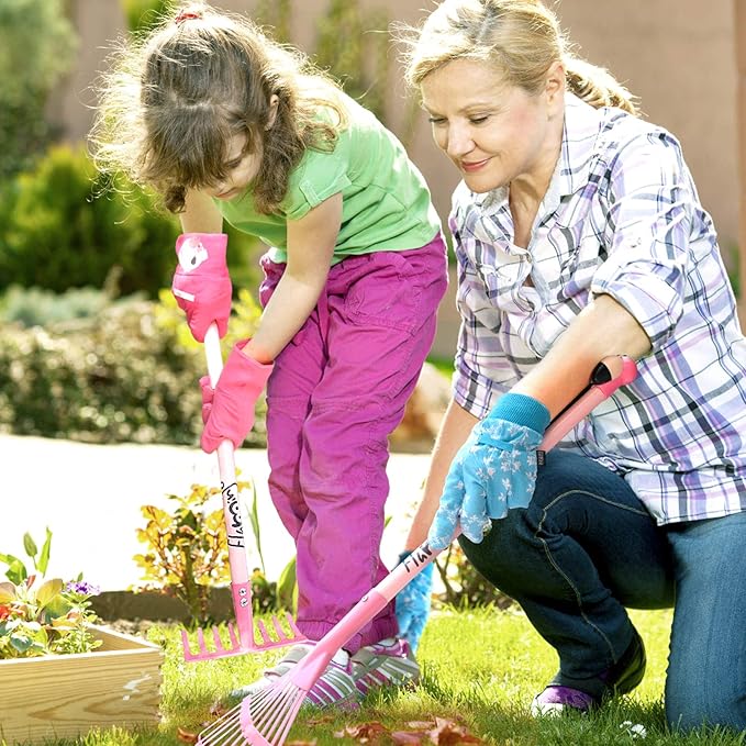 Altdorff Kids Gardening Tool Set Pink, Kid Rake and Shovel Set, 29.6'' Metal Leaf Rake, Shovel, Hoe and Mini Garden Yard Tools, Gardening Toy Gift for Kids Age 3+ Years(Pink), Develop Intelligence