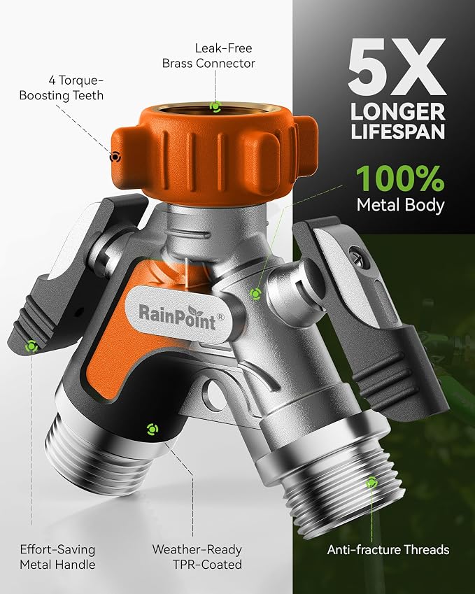 RAINPOINT Garden Hose Splitter 2 Way, All Metal Heavy Duty Water Hose Y Splitter With 2.05" Extra Long Side Handle & Shut Off Valves, 3/4 Inch GHT Thread Connector For Outdoor Spigot Faucet (Orange)