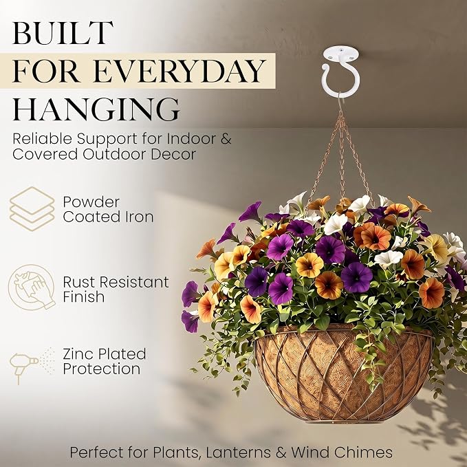 RTZEN Plant Hangers Outdoor or Indoor - Wrought Iron Metal Hanger Indoor Hook - Heavy Duty Wall Bracket Hooks for Hanging Plants Baskets Lanterns Bird Feeders - 2 Pack (White Ceiling Hooks 3.1")