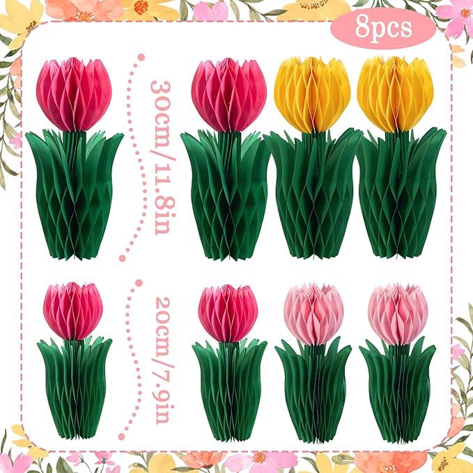 8 Pcs Tulip Honeycomb Decorations, Spring Decorations for Office, Table Decor, Tulip Party Decorations, Spring Centerpieces for Tables for Mothers Day Party, Womens Day