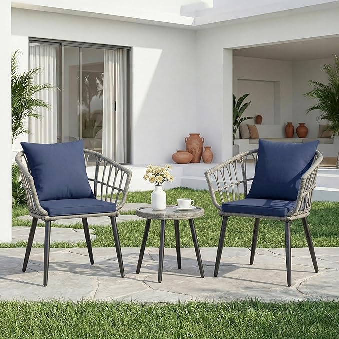 DUMOS 3 Pieces Outdoor Bistro Set, All-Weather PE Rattan Patio Furniture Set with Cushions, Steel Frame Table and Chairs for Balcony, Apartment, Porch, Grey