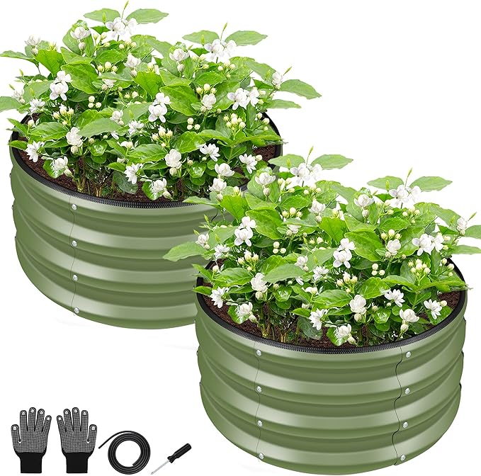 ZXZYHFTY Raised Garden Bed, 0.6 mm Galvanized Steel Round Planter Box with Open Bottom, Green, 2 x 2 x 1 FT, 2 Pack