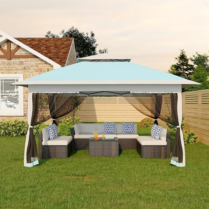 GarveeLife Canopy Tent 12x12 ft, Pop Up Gazebo One-Push Setup with 4 SandBags for Backyard Parties and BBQs, Mosquito Netting & Height Adjustable - Lake Blue
