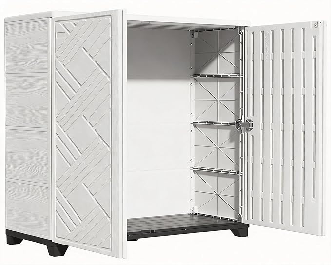 KINYING Outdoor Storage Cabinet Waterproof, 60 Gallon Resin Outdoor Storage Shed for Patio/Garden/Backyard, Outdoor Storage Box for Cushions,Garden Tools and Pool Supplies(White W/O Shelving)