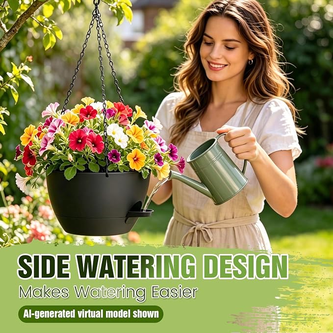 8 Inch Self Watering Hanging Planters, 3 Pack Plastic Plant Pots | Sturdy lightweight pot with side watering lip, drainage holes, snap-on detachable tray & hanging chain for easy care