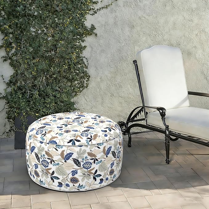 LVTXIII Indoor/Outdoor Large Inflatable Ottoman Pouf D31 x H14 Inch, Round Footstool with Handle, Weather-Resistant Portable Furniture for Patio, Camping, Beach, Breeze Leaves Beige