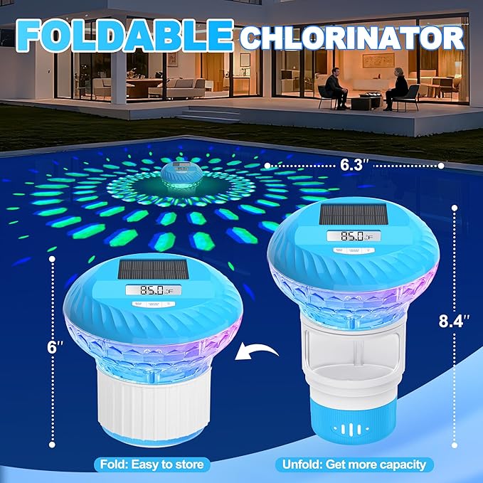 AquClor 2026 Upgraded Pool Chlorine Floater with Thermometer,Digital Screen Solar Chlorines Floaters w/Light,Chlorine Floater w/Adjustable Release,Floating chlorines Dispenser for Pool,Hot Tub,Blue
