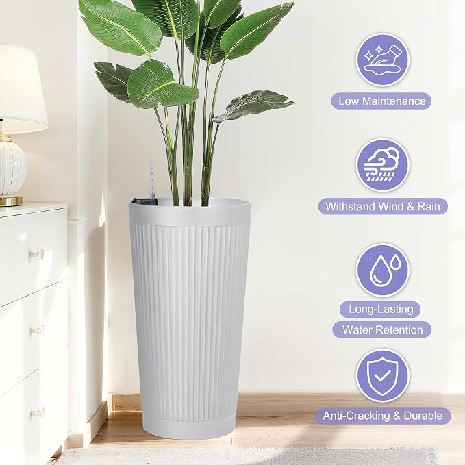 24in Tall Self-Watering Planters Set of 2, White | Water level indicator, Self-watering irrigation system, Non-toxic PP plastic, Weather Resistant, Indoor Outdoor Use