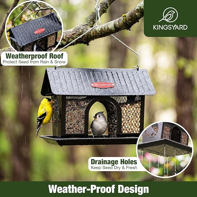 Kingsyard Bird Feeder for Outdoors Hanging, Dual-Use Metal Mesh Wild Bird Feeders with Seed Tray & Weatherproof Roof, 3 lbs Large Capacity, Black