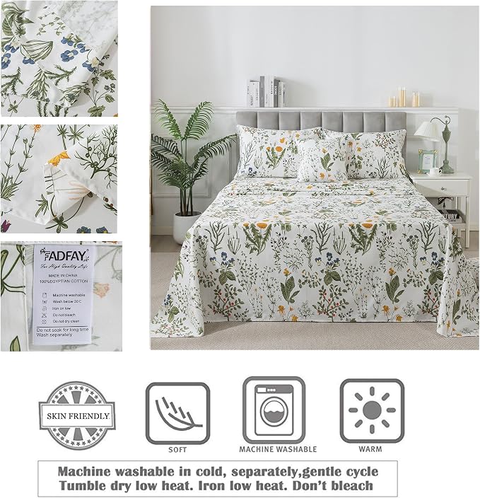 FADFAY 100% Egyptian Cotton Sheets Twin XL Botanical Printed Floral Sheets Yellow Flowers & Leaves Pattern Farmhouse Bedding Soft and Breathable French Country Bedding 4Pcs Deep Pocket TXL Sheet Set