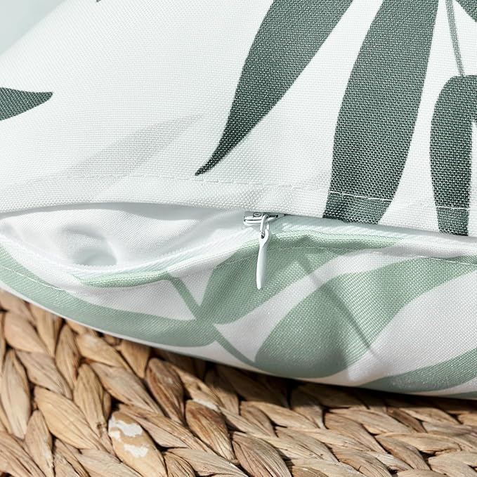 MIULEE Pack of 2 Decorative Outdoor Waterproof Throw Pillow Covers Patio Pillow Cases Natural Leaves Pattern Spring Square Cushion Shams Shell for Garden Balcony Couch 16x16 Inch, Greyish Green