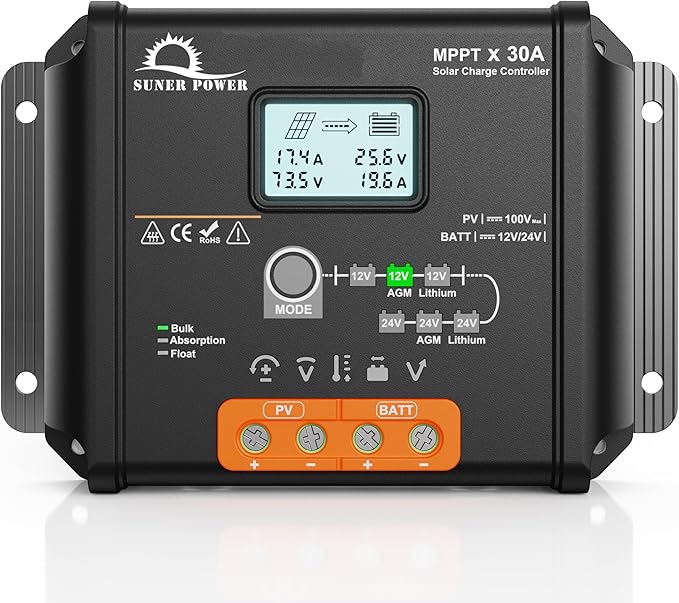 SUNER POWER 30 Amp 12V 24V MPPT Solar Charge Controller, LCD Display, 30A Solar Panel Charging Regulator with Temp Sensor for 12Volt 24Volt Lead-Acid, AGM, Gel, Flooded and Lithium LiFePO4 Battery