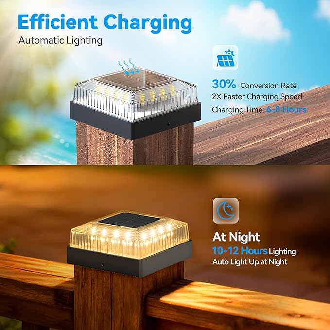 Solar Post Cap Lights, 12-Pack Fence Post Solar Lights for 4x4 Wood/Vinyl Posts, IP65 Waterproof, 10-12 Hours of Illumination with 3 Lighting Modes for Garden/Patio/Porch - Black