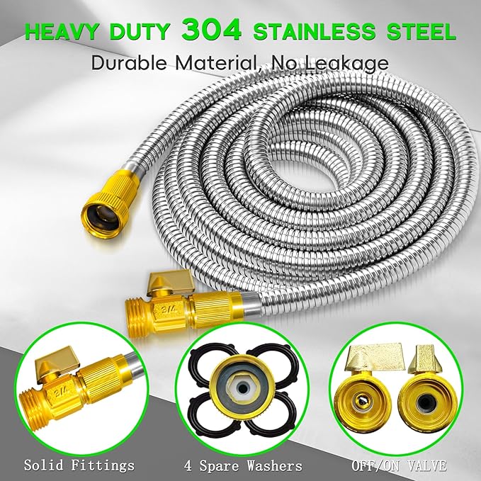 Junredy 50FT Garden Hose Stainless Steel, Heavy Duty Flexible Metal Water Hose with 10-Function Nozzle, Lightweight & No-Kink Garden Hose, Durable Solid Fittings for Lawn, Car, RV, Outdoor Watering